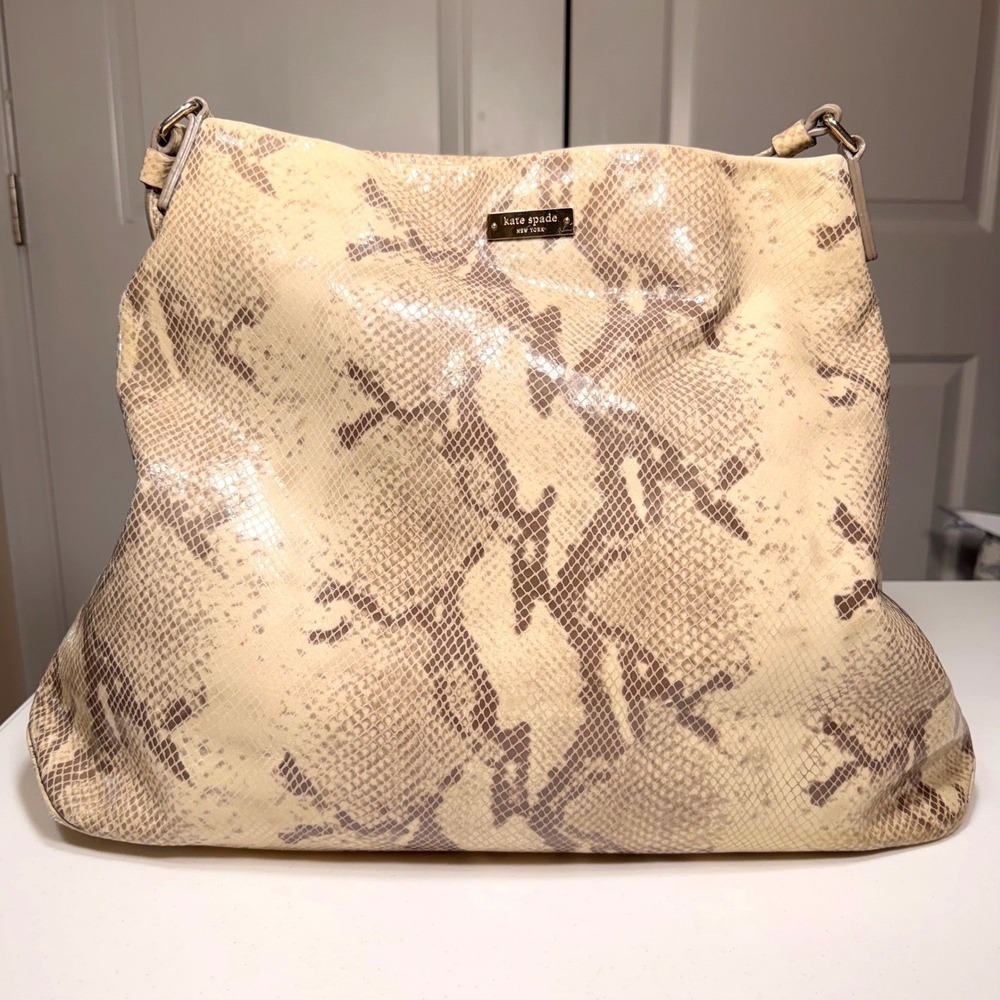 Kate Spade WKRU1025 Python Embossed Leather Hobo Bag Cream Taupe